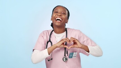 Doctor, woman and heart sign at studio with point at you, recruitment and emoji for face by blue background. Nurse, medic or icon for love, care or kindness for decision, choice or vote with feedback