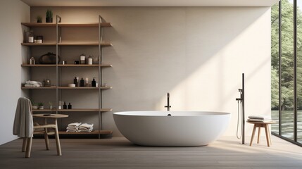 Fototapeta na wymiar A minimalist bathroom with a freestanding tub and recessed shelving