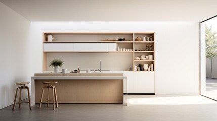 A minimalist kitchen with concealed storage and open shelving