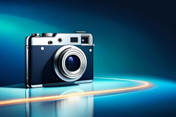 Stylish Digital camera on blue background. - obrazy, fototapety, plakaty