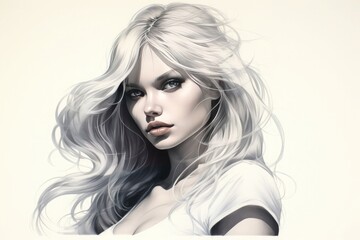 Fototapeta premium Cartoon drawing of a blonde girl with long hair. Generative AI.