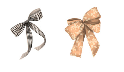 festive bow for christmas. watercolor. beige and golden, with pattern and stripes