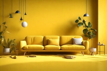 Produce a striking 3D visualization of a yellow-themed interior, complete with a yellow wall and sofa, providing plenty of copy space for customized content. 