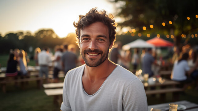Portrait of young smiling man during picnic party with his friends