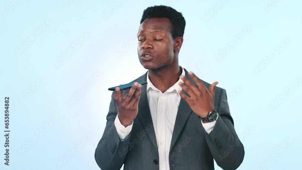 Poster voice note, record and business black man in studio with phone for speaker call, talking and convers
