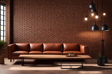 Loft interior mock up photo. Brown red brick wall with leather sofa and minimalist wooden table. Background photo with copy space for text.