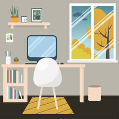Vector illustration. Graphic design of a workspace in a modern style. Designer room with window. The time of year is autumn. Autumn landscape outside the window