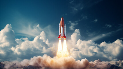 rocket flying in sky on dark background.