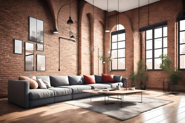 Simple and bright living room in stylish loft style apartment with nice big windows and red bricks on the walls
