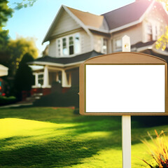 Blank White Empty For Sale Sold Rent Rental Mockup Wooden Real Estate Realtor Lawn Advertising Sign Placard Board Outdoors In Front Yard of House Space Residential Suburbs Neighborhood Purchase Sale