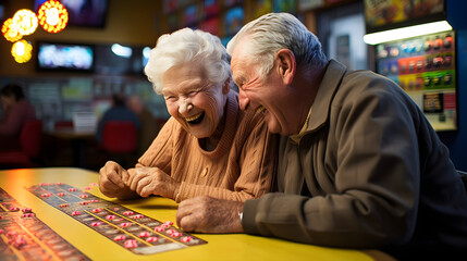 Happy seniors laughing and playing lottery, lotto or bingo. Smiling seniors winning the game