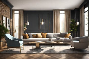 3D rendering showcasing how modern furniture can transform your living room. Highlight the sleek lines, contemporary designs, and chic color schemes to inspire a stylish interior makeover