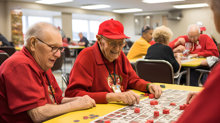 Happy seniors laughing and playing lottery, lotto or bingo. Smiling seniors winning the game - obrazy, fototapety, plakaty