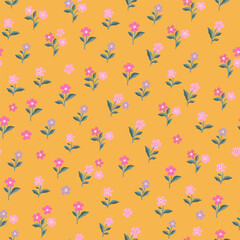 Pink, light pink and purple flowers on an orange background. Seamless pattern.