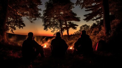 A group of friends under a starlit sky, illuminated by the glow of a campfire.