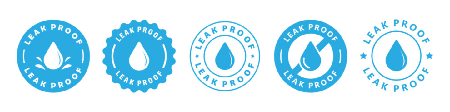 Leak proof sticker, sign, label or badge. No leaks, or leak resistant. For liquid products. Vector icon set