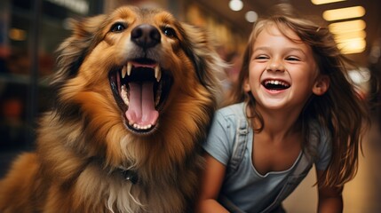The child rejoices with a playful dog in the pet store.