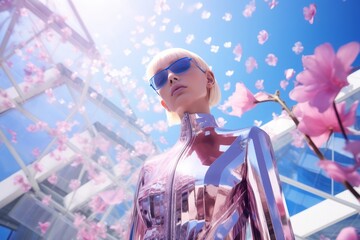 Portrait of beautiful blonde woman in sunglasses on the background of cherry blossom. Generative AI.