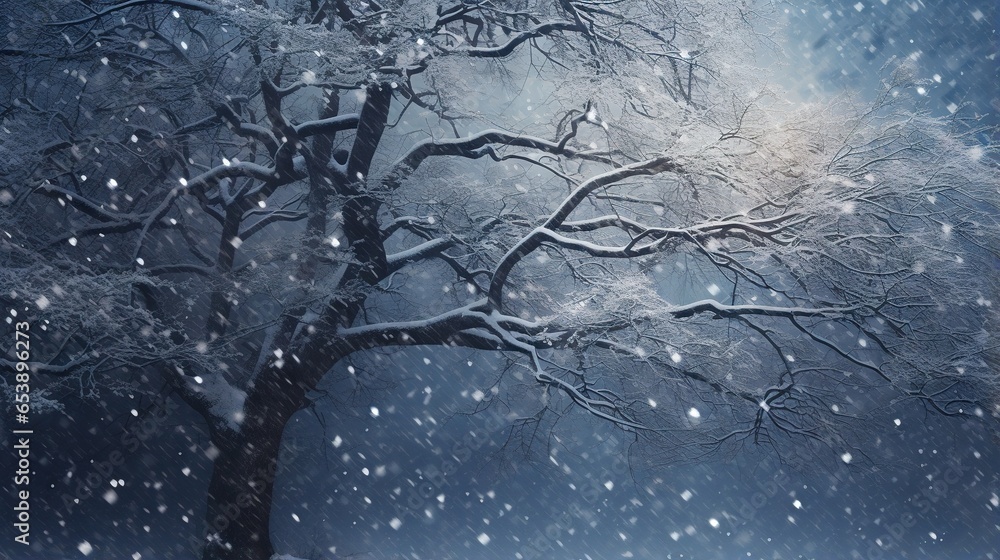 Poster a tree with snow falling on it and a street light in the background. generative ai