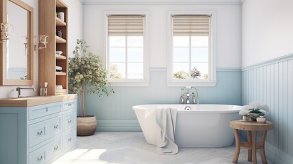 a coastal-themed bathroom with beachy decor and serene blue tones, capturing the essence of seaside living