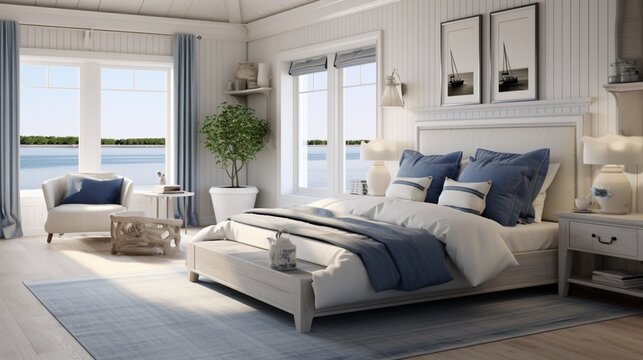 a coastal-inspired bedroom with nautical accents and tranquil hues, evoking the serenity of the seaside