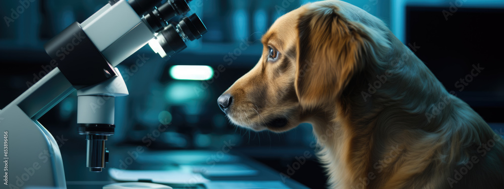 Poster serious dog scientist in a lab with a microscope