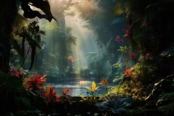 Beautiful tropical garden with sunlight in the morning. Generative AI.