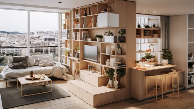 a compact and efficient studio apartment with multifunctional furniture, exemplifying space-saving design solutions
