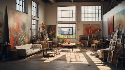 a contemporary art studio with natural light and creative chaos, a space where imagination knows no bounds