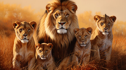 fam&iacute;lia de le&otilde;es com filhotes 