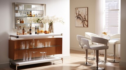 a contemporary bar area featuring a sleek, well-stocked bar cart and chic barstools, perfect for entertaining guests