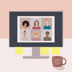 video call with coworkers via computer - team meeting online vector illustration