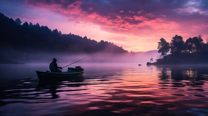 Experienced fisherman casts his fishing rod into calm waters early in the morning.