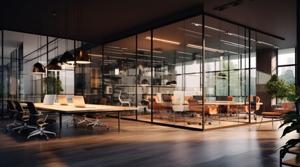 a contemporary office space where cool, neutral colors and glass surfaces create an atmosphere of productivity and focus - obrazy, fototapety, plakaty