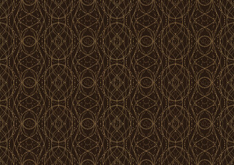 Hand-drawn unique abstract symmetrical seamless gold ornament on a dark brown background. Paper texture. Digital artwork, A4. (pattern: p10-2c)