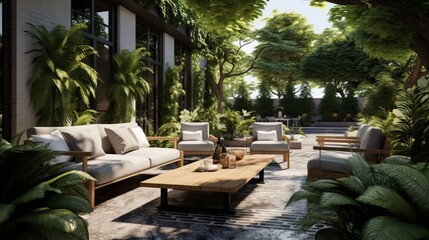 a contemporary outdoor patio with comfortable seating and lush greenery, ideal for relaxation and outdoor living