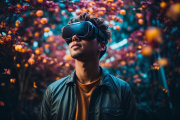 Young man wearing virtual reality goggles in a city street. Technology concept.