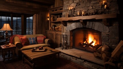 a cozy fireplace surrounded by rustic wooden furniture, evoking warmth and comfort in a cabin retreat - obrazy, fototapety, plakaty