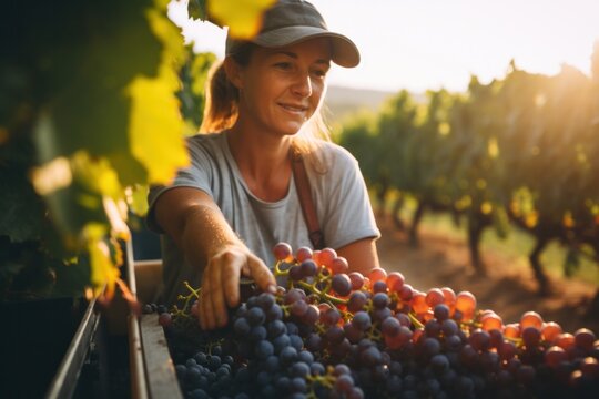 Female vineyard worker during grape harvest, close-up view.