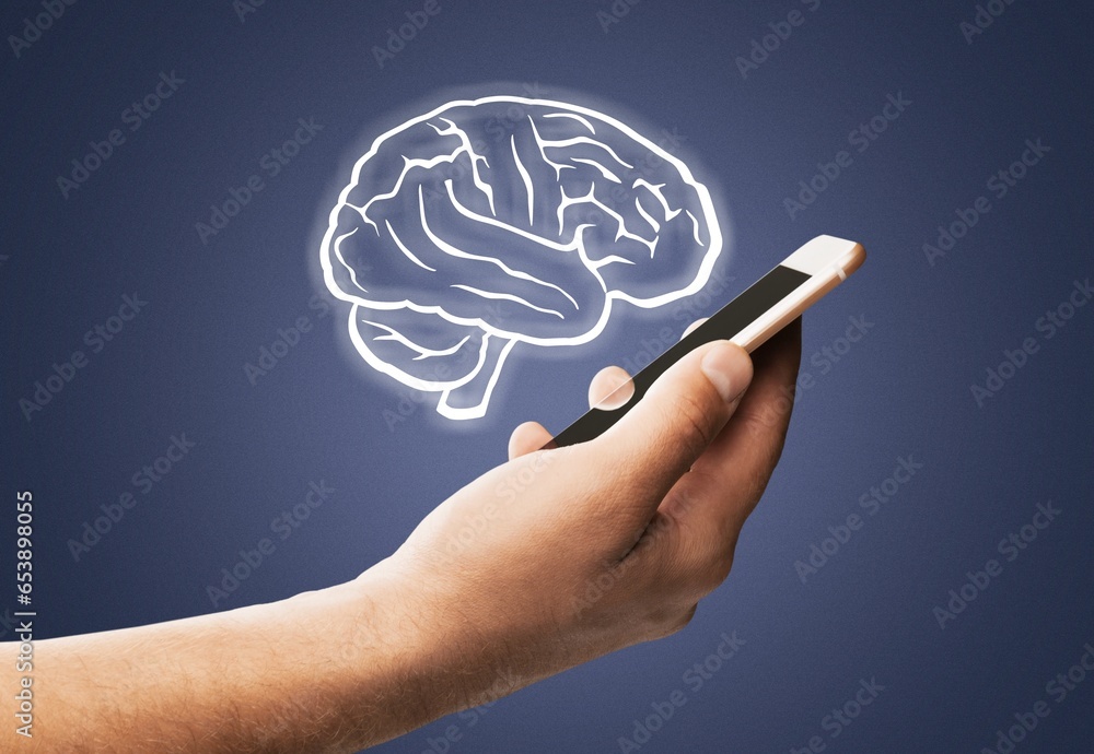 Poster ai concept.,hand with smartphone and virtual display