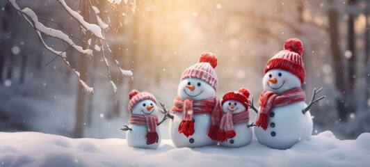 family snowman with scarf in snow forest greeting card xmas christmas