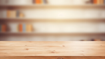 Empty wooden table template for showing products on background of blurred interior of school room. 