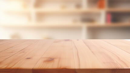 Empty wooden table template for showing products on background of blurred interior of school room. 