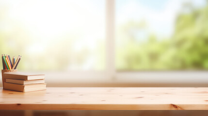Empty wooden table template for showing products on background of blurred interior of school room. 