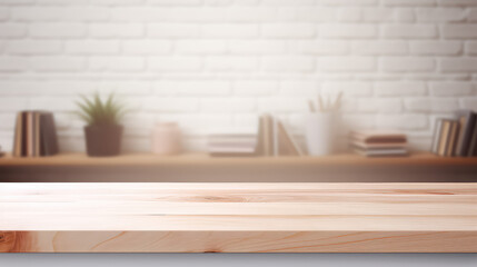 Empty wooden table template for showing products on background of blurred interior of school room. 