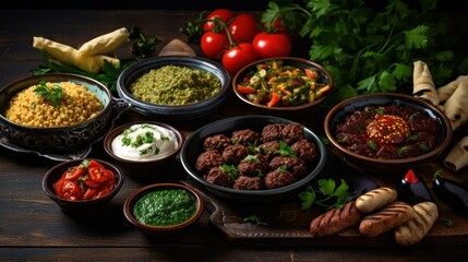 Arabic Cuisine: Middle Eastern traditional lunch. It;s also Ramadan "Iftar" . The Meal eaten by Muslims after sunset during Ramadan. Assorted of Egyptian oriental dishes. Top view with copy space.