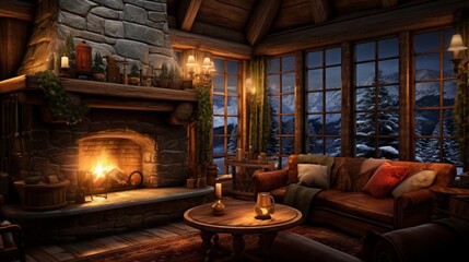 a cozy winter cabin interior with a roaring fireplace and rustic furnishings, where snowy...