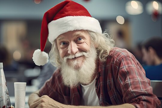 homeless European man wearing a Santa Claus hat sits surrounded by other people at a table in a shelter cafeteria,. Social assistance, volunteers