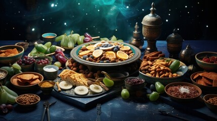 Ramadan kareem Iftar party table with assorted festive traditional Arab dishes, sweets, dates. Eid al-Fitr mubarak evening grand meal, top view. - obrazy, fototapety, plakaty