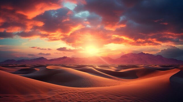 a desert at sunset, showcasing the warm hues of the sand dunes and the dramatic sky as day transitions to night © Muhammad